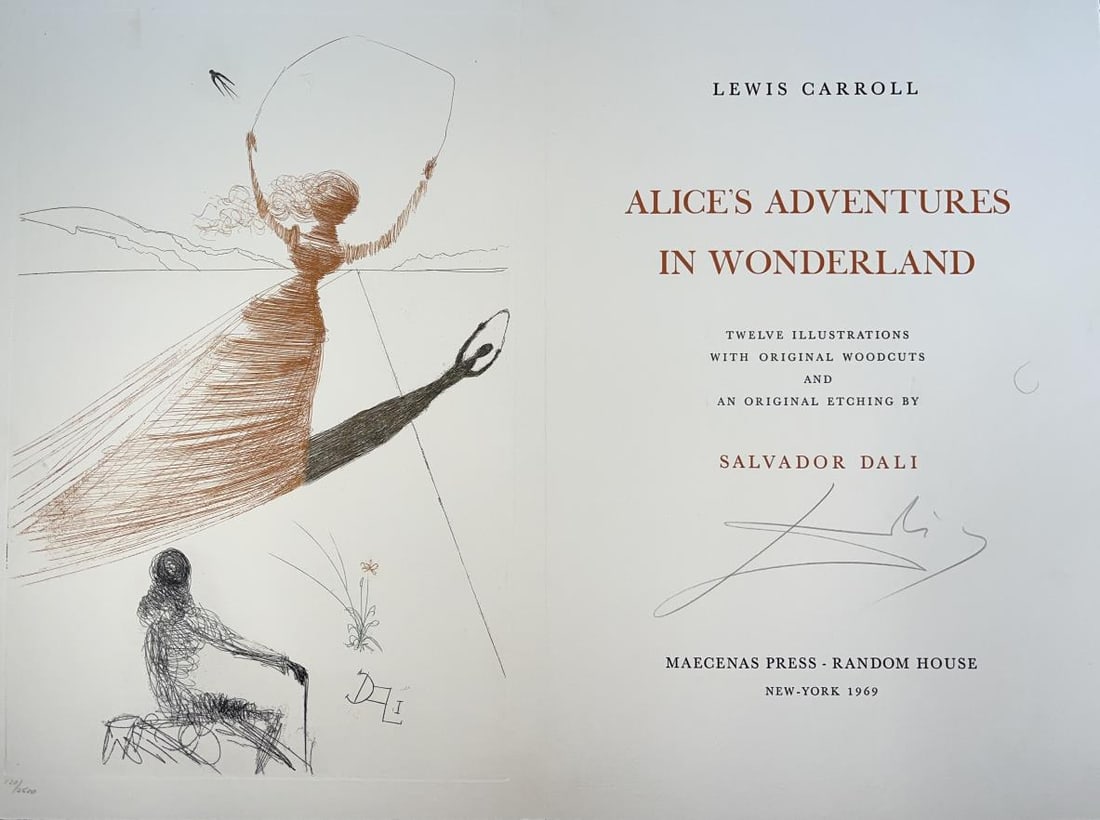 Salvador Dali - Alice's Adventures in Wonderland Signed Cover Sheet: Artist: Salvador Dali Title: Alice's Adventures in Wonderland Signed Cover Sheet Year: 1969 Dimensions: 18.5in. by 13in. Edition: From the rare limited edition of 2500 Publisher: Maecenas Press