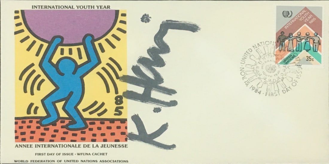 Keith Haring - International Volunteer Day with Original Drawing: Artist: Keith Haring Title: International Volunteer Day with Original Drawing Year: 1988 Dimensions: 3.75in. by 6.5in. Edition: From the limited edition of 1000 Publisher: World Federation of the