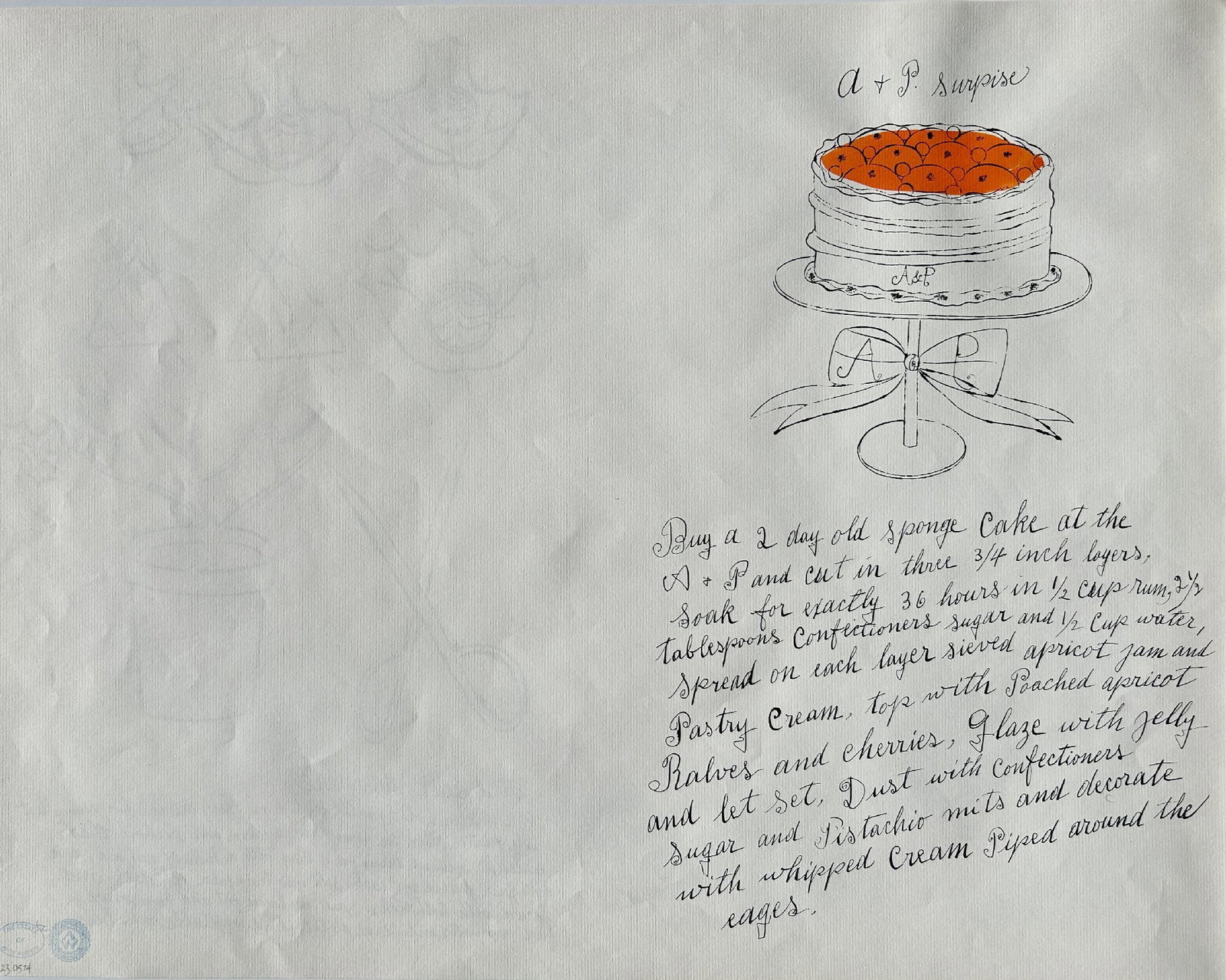 Andy Warhol - A + P Surprise (from Wild Raspberries): Artist: Andy Warhol Title: A + P Surprise (from Wild Raspberries) Year: 1959 Dimensions: 17 1/2 x 22 1/2 in. Edition: from the limited edition of unknown size Suite: Wild Raspberries Medium: Offset