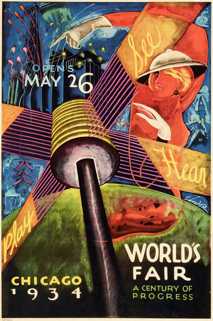 Sandor (Alexander Raymond Katz) - 1934 Chicago Worlds Fair: Artist: Sandor (Alexander Raymond Katz) Title: 1934 Chicago Worlds Fair Year: 1934 Dimensions: 39 1/2 x 25 3/4 in. Edition: From the Limited Edition Publisher: Chicago Worlds Fair Medium: Lithograph