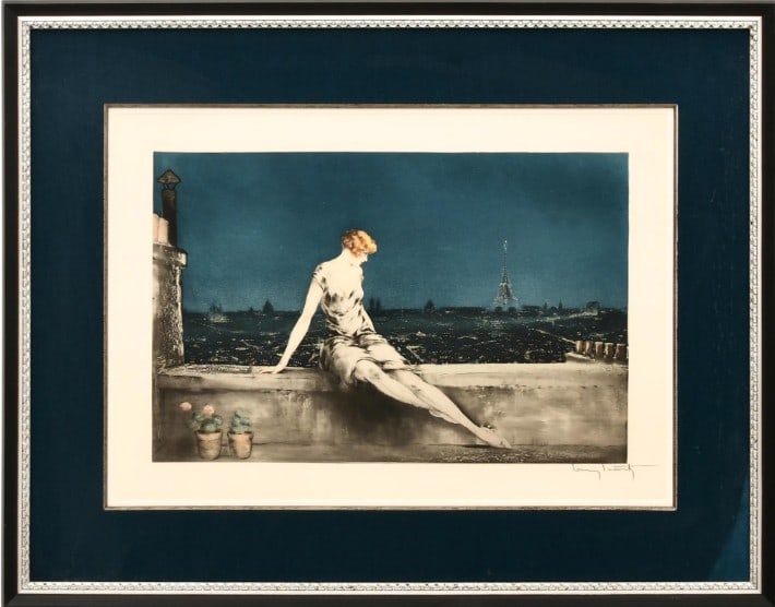 Louis Icart - Mimi Pinson: Artist: Louis Icart Title: Mimi Pinson Year: 1927 Dimensions: 13 1/4 x 20 1/2 in. Edition: From the Rare Limited Edition Medium: Original drypoint etching with hand coloring on paper Condition: