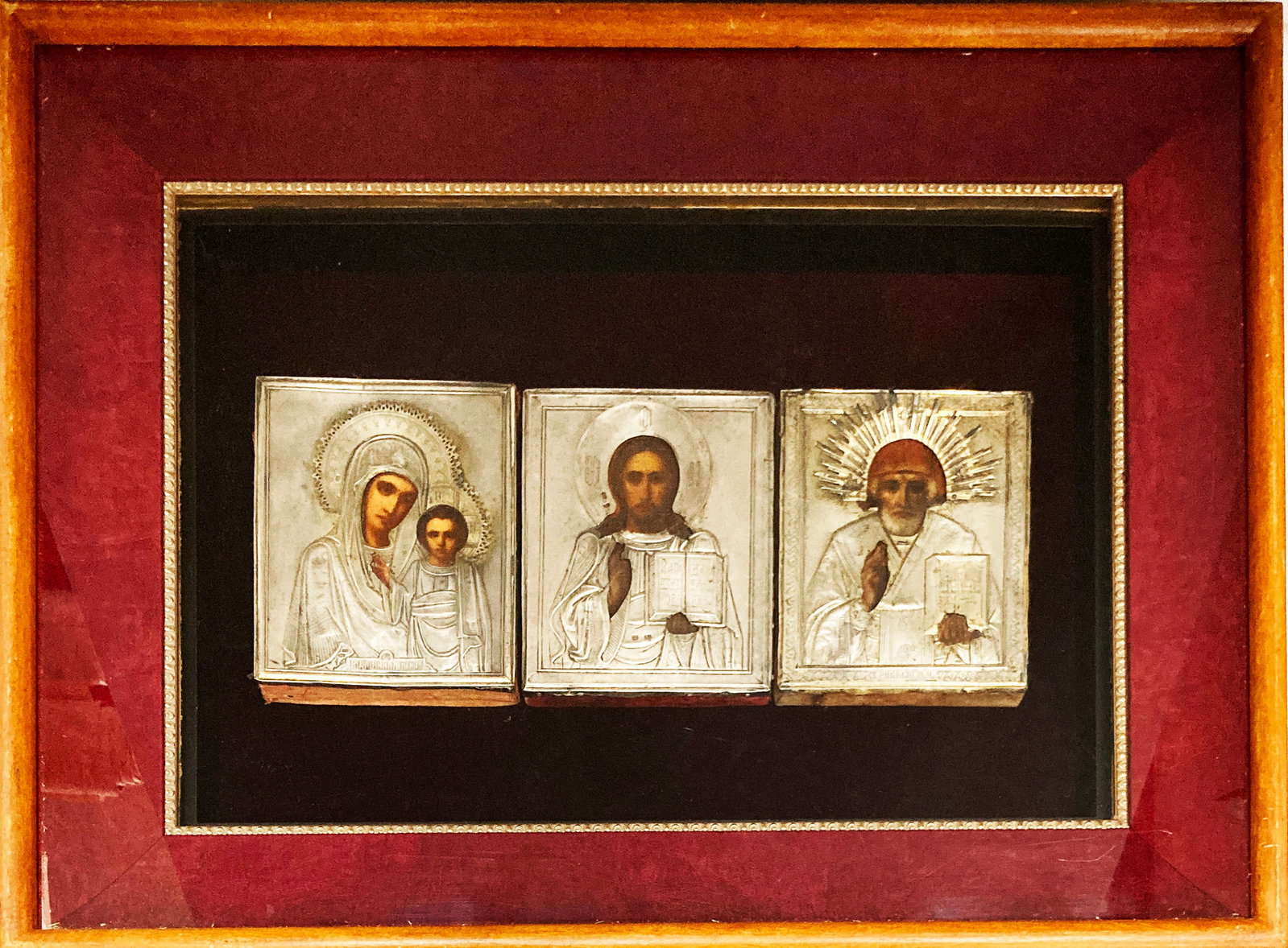 Unknown Artist - Russian Icon of Mother of God Christ the Teacher and St. Nicholas: Artist: Unknown Artist Title: Russian Icon of Mother of God Christ the Teacher and St. Nicholas Year: 19th Century Dimensions: 27 x 21 in. Edition: A unique and original work of art Medium: Original