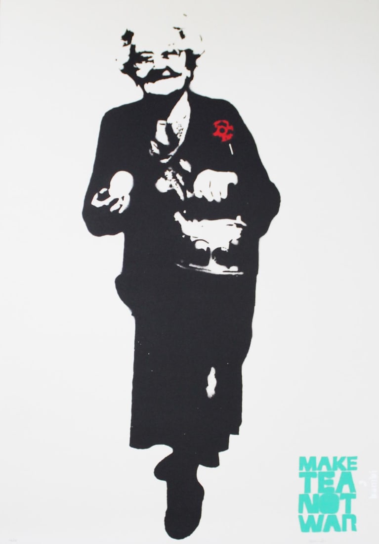 BAMBI Street Artist - Make Tea Not War: Artist: BAMBI Street Artist Title: Make Tea Not War Year: 2013 Dimensions: 44.25in. by 30in. Edition: From the Rare Limited Edition of 25 Medium: Hand cut stencil with spray paint on hand torn rag