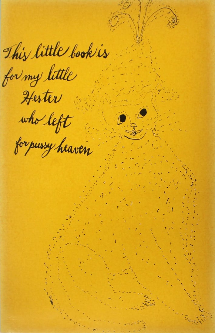 Andy Warhol - Dedication Page: Artist: Andy Warhol Title: Dedication Page Year: 1954 Dimensions: 5.5in. by 8.5in. Edition: From the rare limited edition Suite: Holy Cats by Andy Warhol and his mother Medium: Photolithograph of ink
