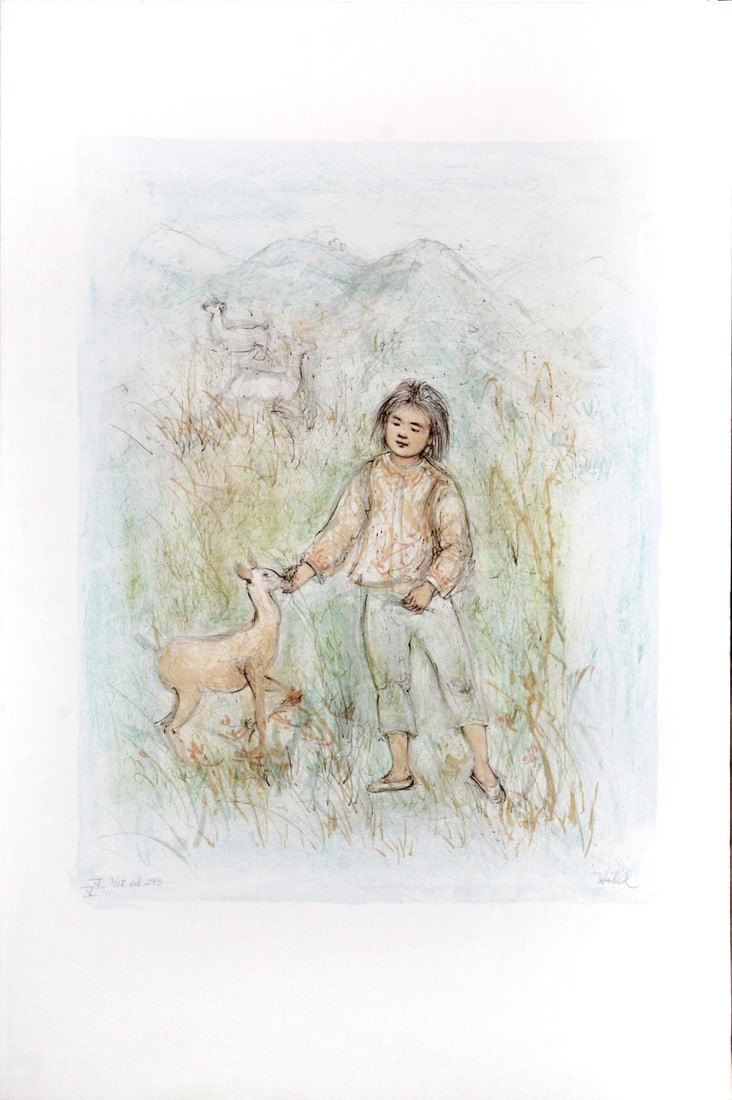 Edna Hibel - The Forest Friend: Artist: Edna Hibel Title: The Forest Friend Dimensions: 20in. by 30in. Edition: From the limited edition of 293 Medium: Original lithograph on paper Condition: Excellent