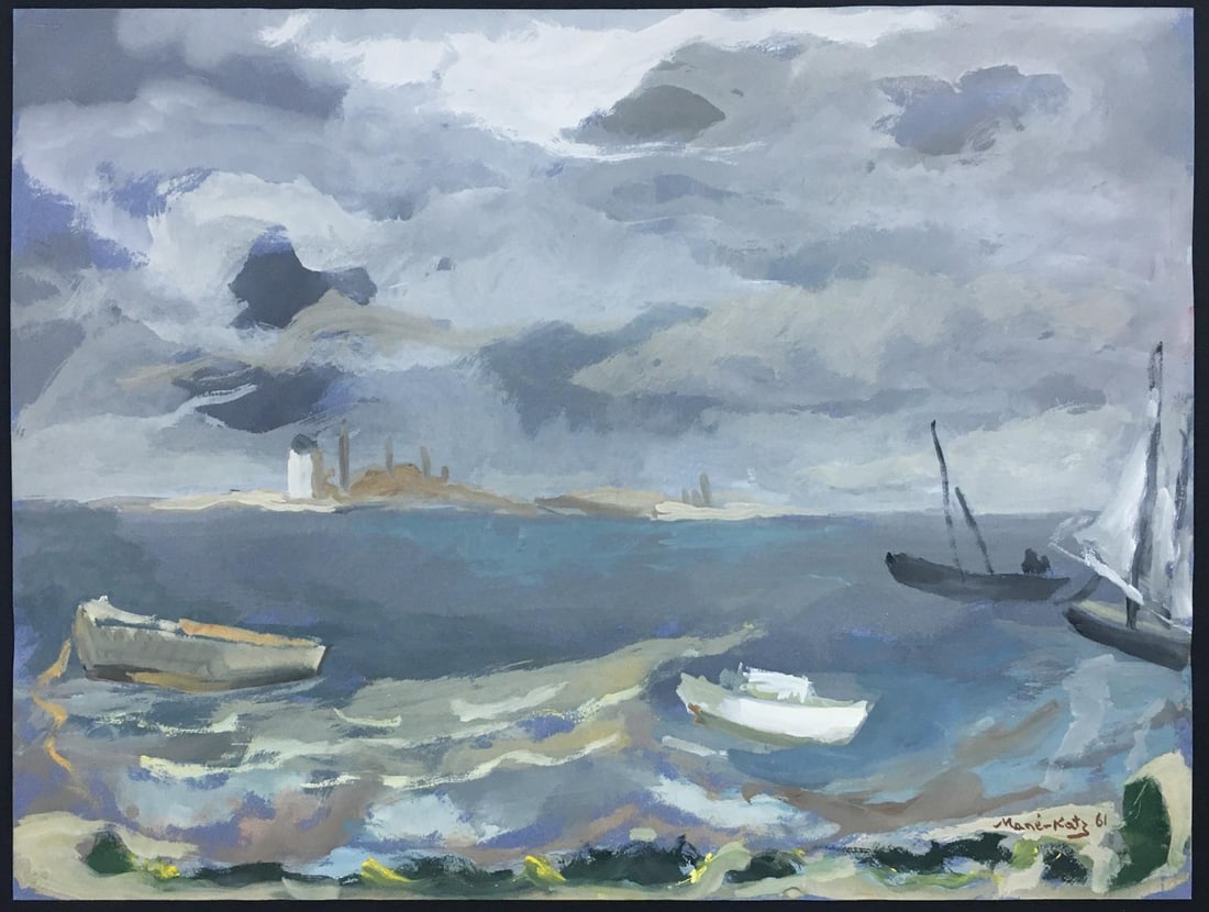 Emmanuel Mane-Katz - Harbor Scene: Artist: Emmanuel Mane-Katz Title: Harbor Scene Year: 1961 Dimensions: 19 5/8in. by 25 5/8in. Edition: Unique One of a Kind Artwork Medium: Original Gouache on Blue Paper Condition: Excellent
