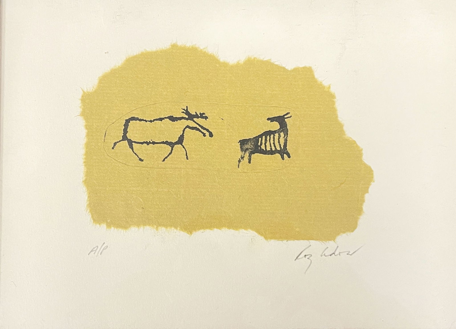 Rosalyn Udow - Caribou: Artist: Rosalyn Udow Title: Caribou Year: 2000 Dimensions: 9 1/2 x 12 in. Edition: Artist Proof Medium: Original linocut and lithograph on handmade paper Condition: Excellent Signature Details: Hand