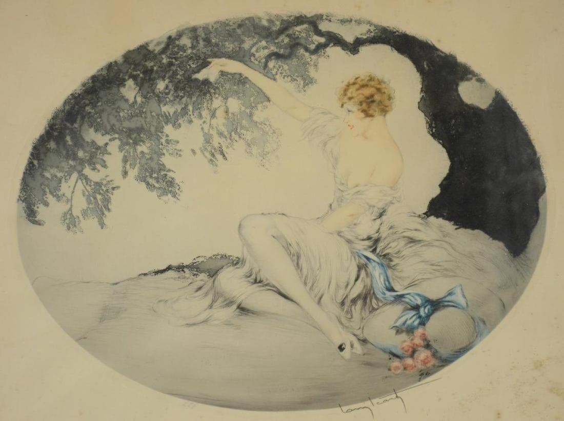 Louis Icart - Farewell: Artist: Louis Icart Title: Farewell Year: 1927 Dimensions: 14 1/8in. by 18 7/8in. Edition: From the rare limited edition Medium: Original soft ground etching with hand watercoloring on paper