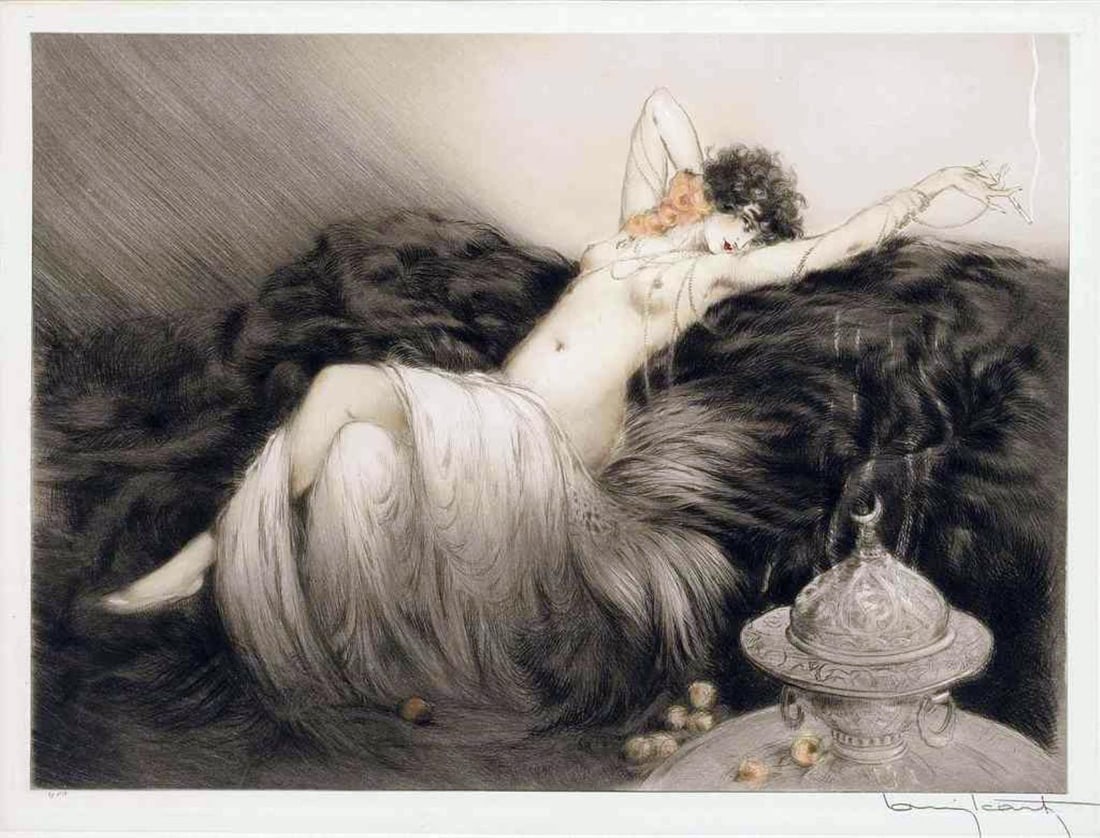 Louis Icart - Smoke: Artist: Louis Icart Title: Smoke Year: 1926 Dimensions: 14.2in. by 19.5in. Edition: From the rare limited edition of 250 Medium: Original drypoint etching with hand coloring on paper Condition: