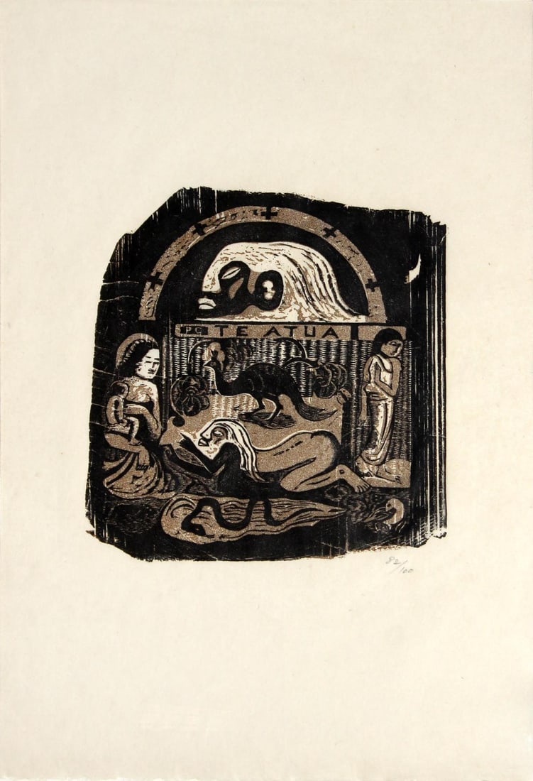 Paul Gauguin - Te Atua: Artist: Paul Gauguin Title: Te Atua Year: 1899 Dimensions: 9.5in. by 9in. Edition: From the limited edition of 100 Publisher: Des Amis du Musee Gauguin Tahiti Medium: Original woodcut on Japon paper