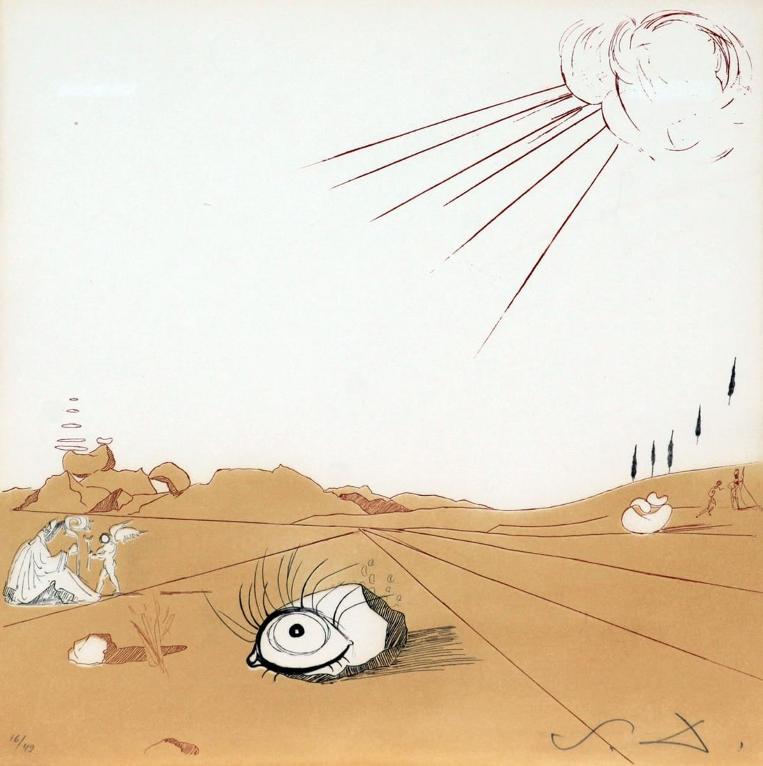 Salvador Dali - Espace Paysage: Artist: Salvador Dali Title: Espace Paysage Year: 1980 Dimensions: 15in. by 15in. Edition: From the rare and limited edition of 150 Suite: Neuf Paysages Medium: Original etching on paper Condition: