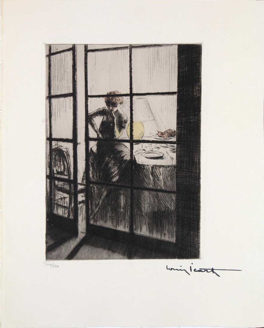 Louis Icart - In Thought: Artist: Louis Icart Title: In Thought Year: 1938 Dimensions: 11.25in. by 8.75in. Edition: From the rare limited edition of 250 Suite: La Dame aux Camelias Medium: Original etching on paper Condition: