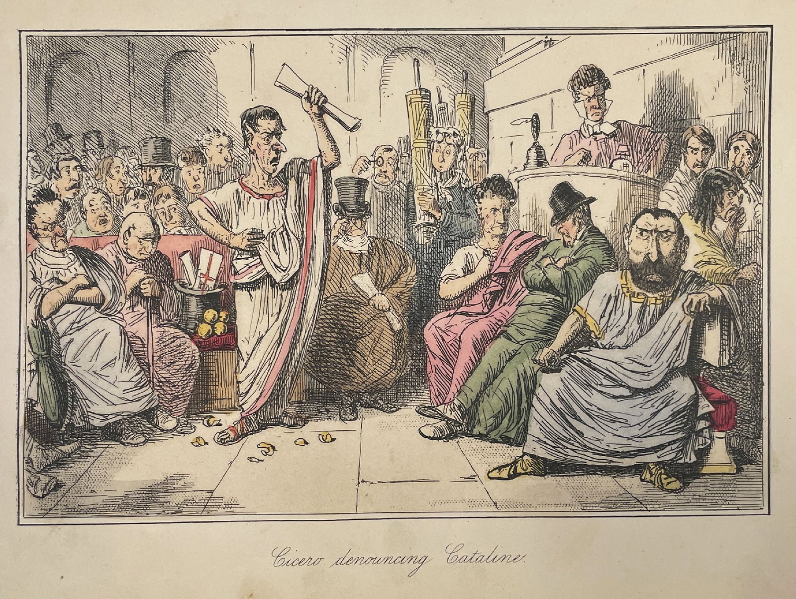 John Leech - Cicero Denouncing Cataline: Artist: John Leech Title: Cicero Denouncing Cataline Year: 1852 Dimensions: 8 1/2 x 5 1/2 in. Edition: From the rare limited edition Medium: Original Engraving with Hand Coloring on Paper Condition: