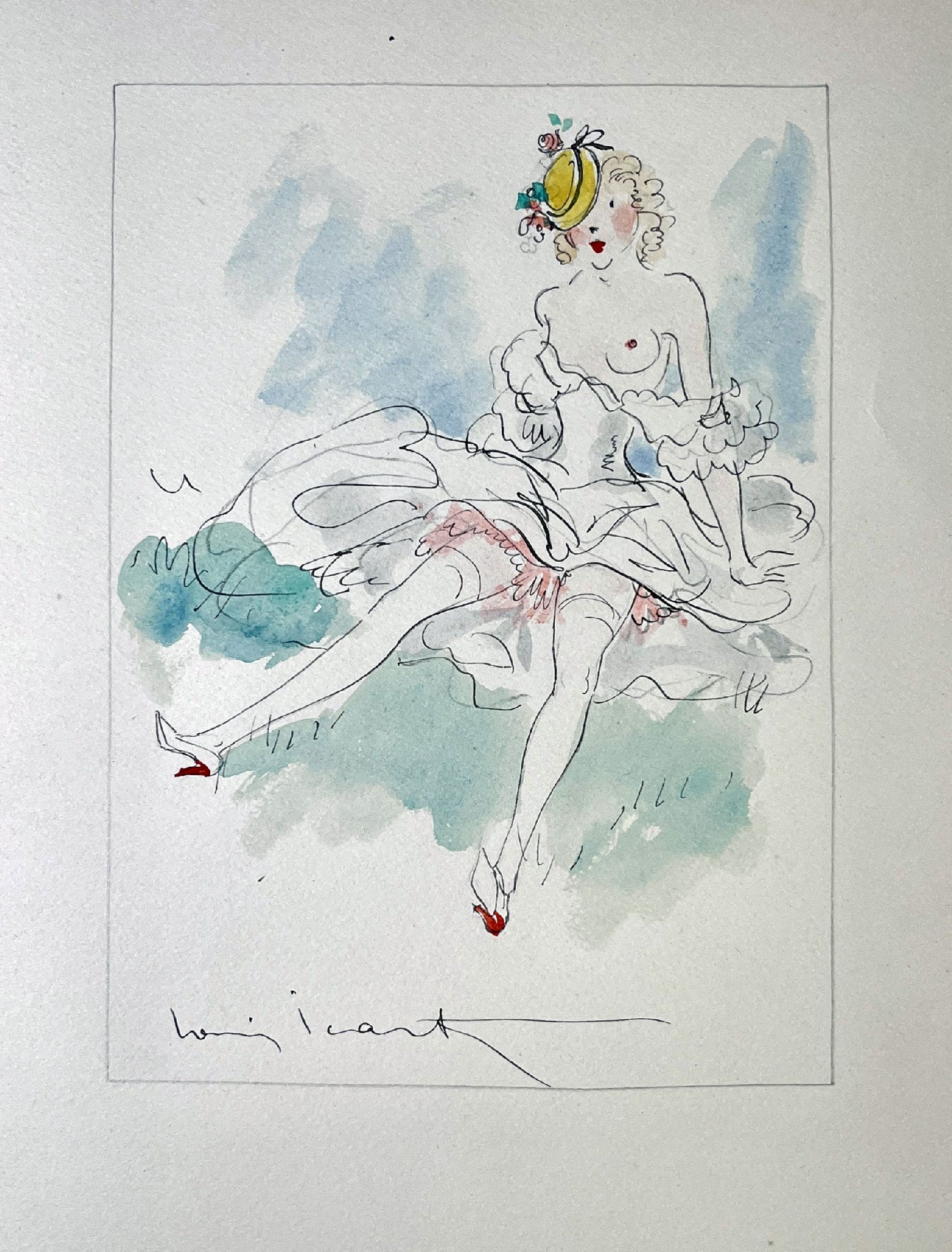 Louis Icart - Untitled Original Watercolor IX: Artist: Louis Icart Title: Untitled Original Watercolor IX Year: 1947 Dimensions: 10 3/4 x 8 3/4 in. Edition: Unique One of a Kind Artwork Suite: Felecia ou Mes Fredaines Medium: Original Watercolor