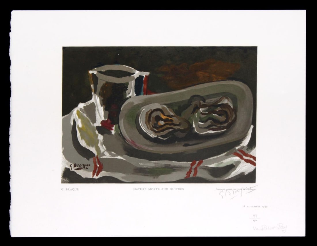 Georges Braque (After) - Nature Morte aux Huitres: Artist: Georges Braque (After) Title: Nature Morte aux Huitres Year: 1949 Dimensions: 14.2in. by 18.2in. Edition: 93 from the limited edition of 150 Medium: Original wood engraving on Van Gelder
