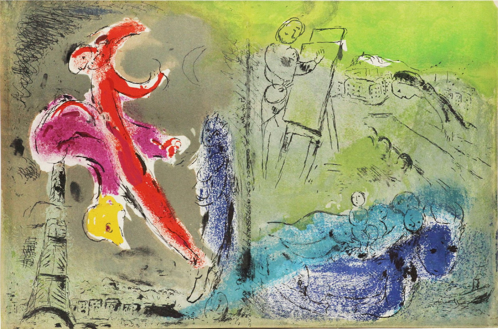 Marc Chagall - Vision von Paris: Artist: Marc Chagall Title: Vision von Paris Year: 1952 Dimensions: 14 x 21 in. Edition: From the rare limited edition Publisher: Teriade, Paris, Dec 1952. Suite: Verve vol VI Medium: Original