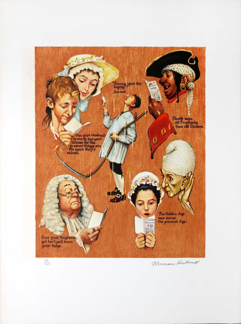 Norman Rockwell - The Golden Age: Artist: Norman Rockwell Title: The Golden Age Year: 1973 Dimensions: 20in. by 26in. Edition: From the limited edition of 200 Publisher: Editions Mourlot Paris Suite: Poor Richard's Almanack Medium:
