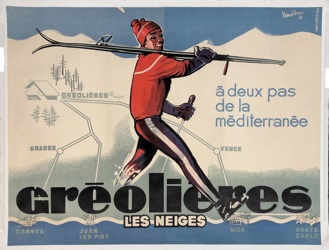 Vandieres - Greolieres Les Neiges: Artist: Vandieres Title: Greolieres Les Neiges Year: 1963 Dimensions: 62in. by 50in. Edition: Vintage Poster Medium: Original Lithograph Poster Condi