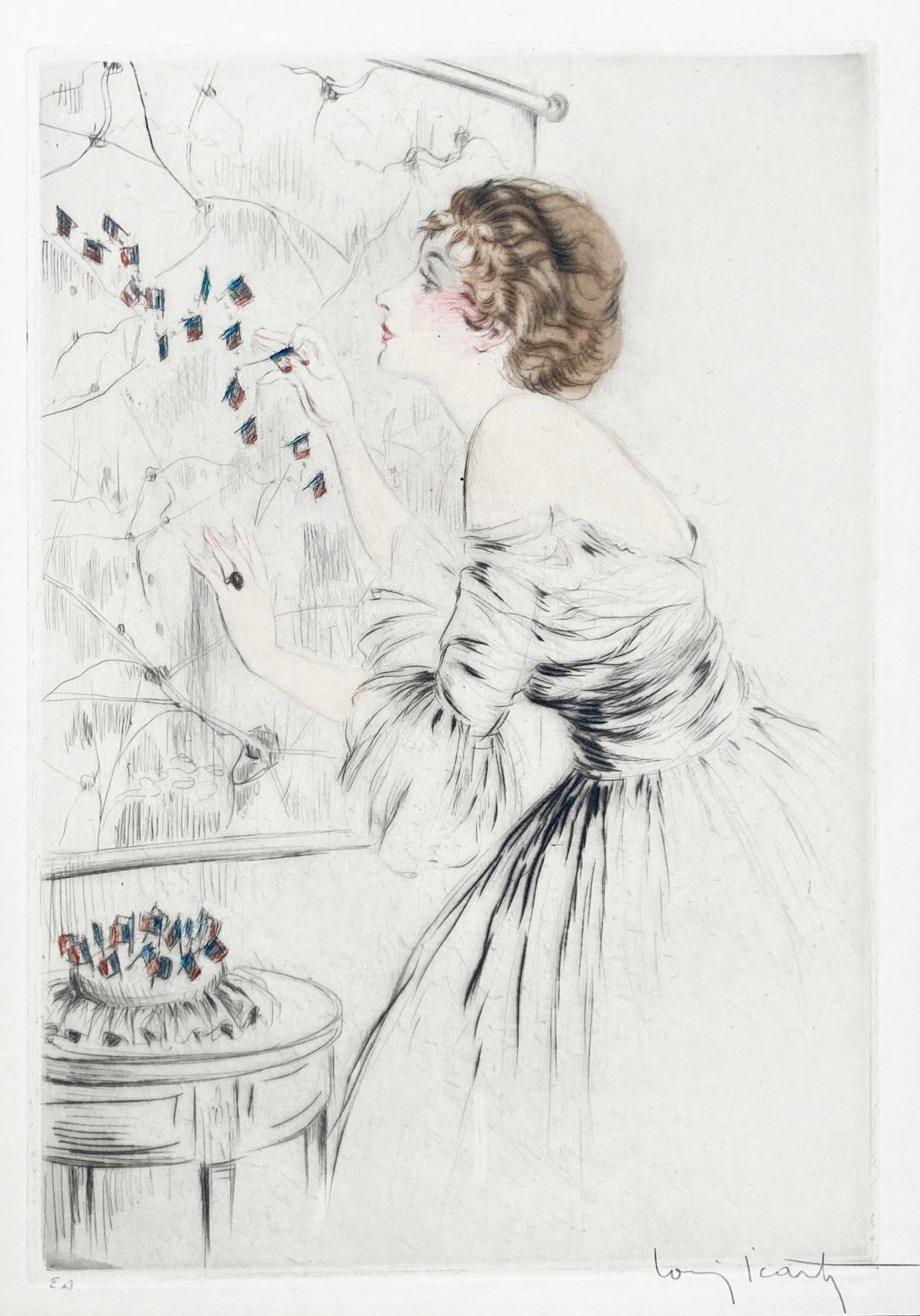 Louis Icart - Patriotic Woman: Artist: Louis Icart Title: Patriotic Woman Year: 1917 Dimensions: 7 1/2 x 10 1/2 in. Edition: From the rare limited edition Medium: Original drypoint etching on paper with hand watercoloring