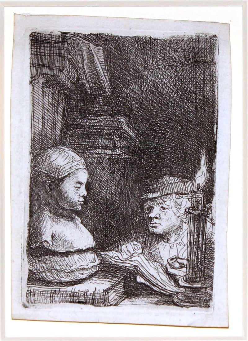 Rembrandt van Rijn - Man Drawing from a Cast: Artist: Rembrandt van Rijn Title: Man Drawing from a Cast Year: 1641 Dimensions: 3.75in. by 5.6in. Edition: From the rare limited edition Medium: Original etching on paper<