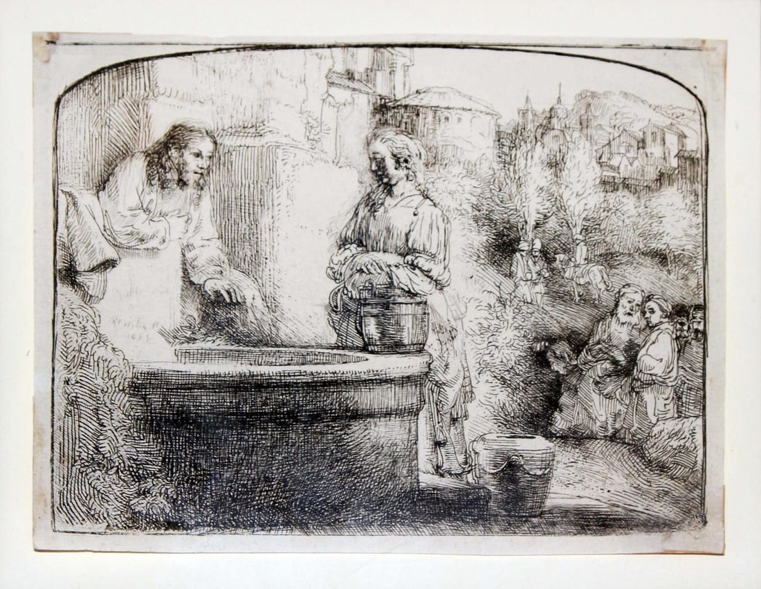 Rembrandt van Rijn (After) - Christ and the Woman of: Artist: Rembrandt van Rijn (After) Title: Christ and the Woman of Samaria (Arched Print) Year: 1880 Dimensions: 5in. by 6.5in. Edition: From the rare limited edition Medium: