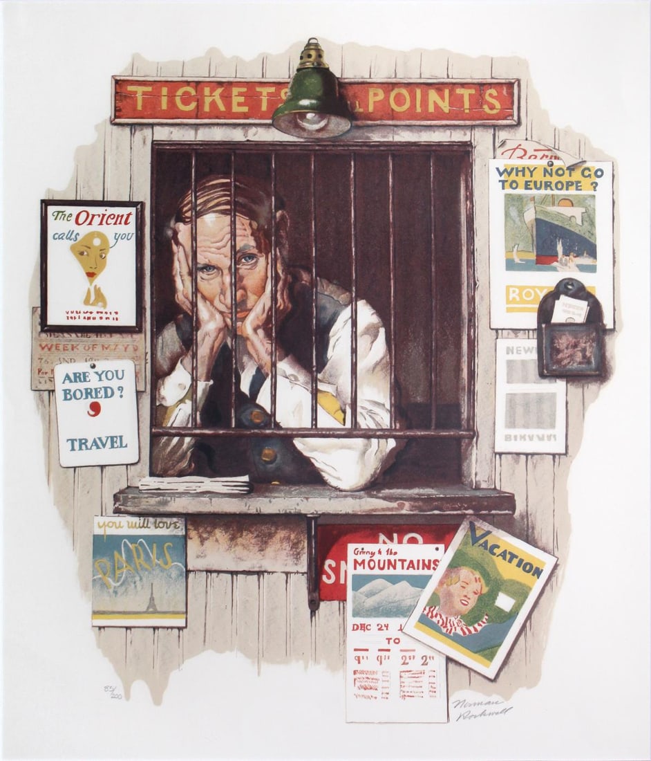 Norman Rockwell - Ticket Seller: Artist: Norman Rockwell Title: Ticket Seller Year: 1970 Dimensions: 21 1/4in. by 18 1/4in. Edition: From the rare limited edition of 200 Medium: Original lithograph on paper Condition: Excellent