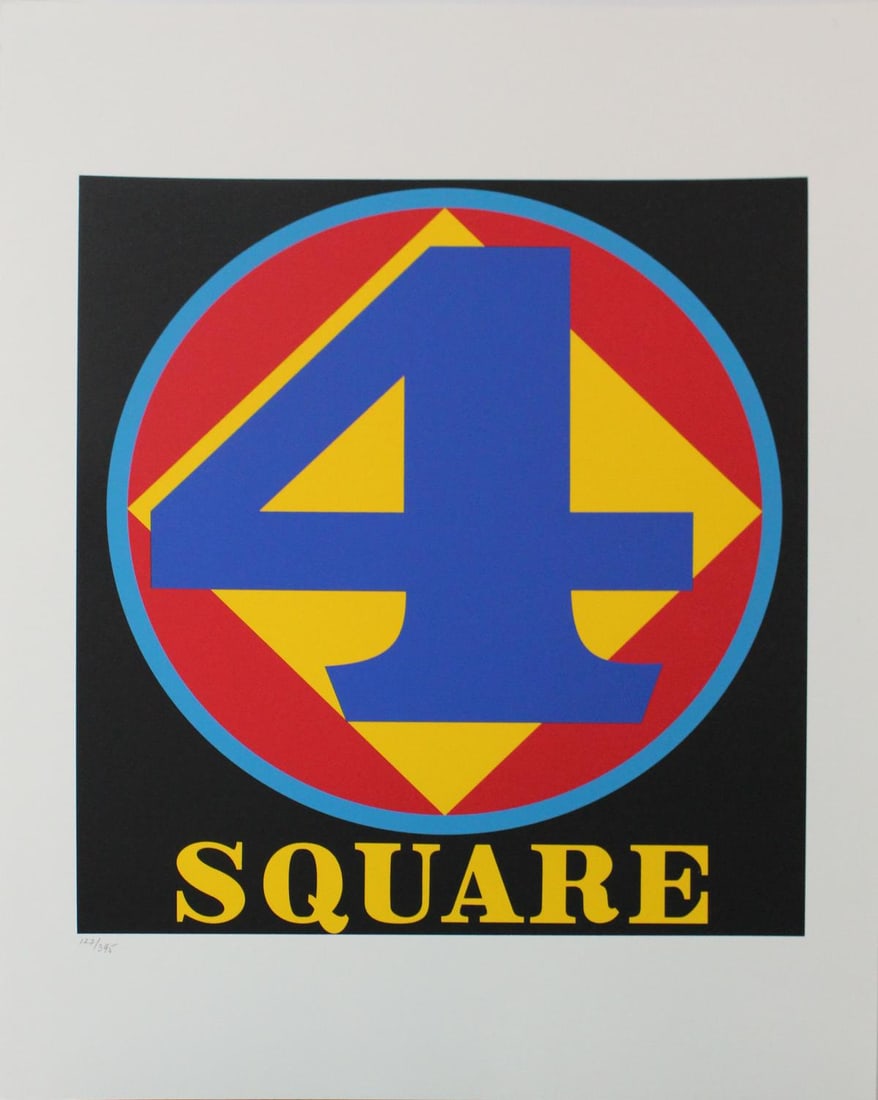 Robert Indiana - Four Square: Artist: Robert Indiana Title: Four Square Year: 1997 Dimensions: 22in. by 17in. Edition: 127 from the rare limited edition of 395 Suite: The American Dream Medium: Original color serigraph on paper