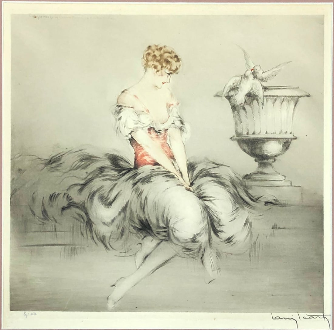 Louis Icart - Lesson of Love: Artist: Louis Icart Title: Lesson of Love Year: 1927 Dimensions: 18 1/2 x 28 in. Edition: From the rare limited edition Medium: Original drypoint etching with hand coloring on paper Condition: