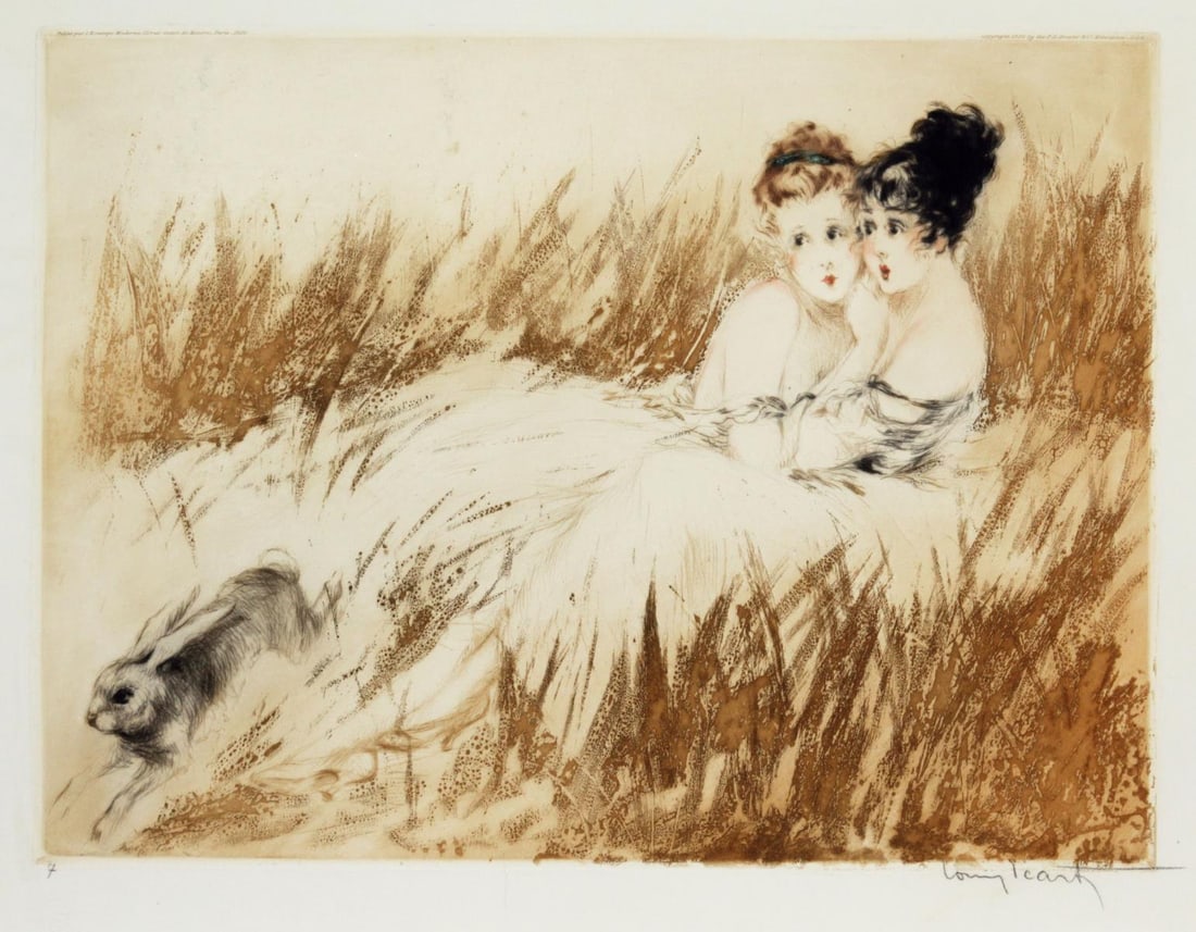 Louis Icart - Scared: Artist: Louis Icart Title: Scared Year: 1920 Dimensions: 11in. by 14 7/8in. Edition: From the rare limited edition Medium: Original drypoint etching with hand coloring on paper Condition: Excellent