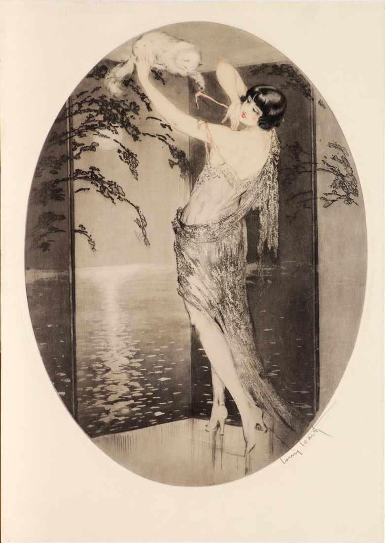 Louis Icart - Teasing: Artist: Louis Icart Title: Teasing Year: 1926 Dimensions: 17 7/8in. by 13 3/8in. Edition: From the rare limited edition Medium: Orignal etching on paper with hand watercolors Condition: Excellent