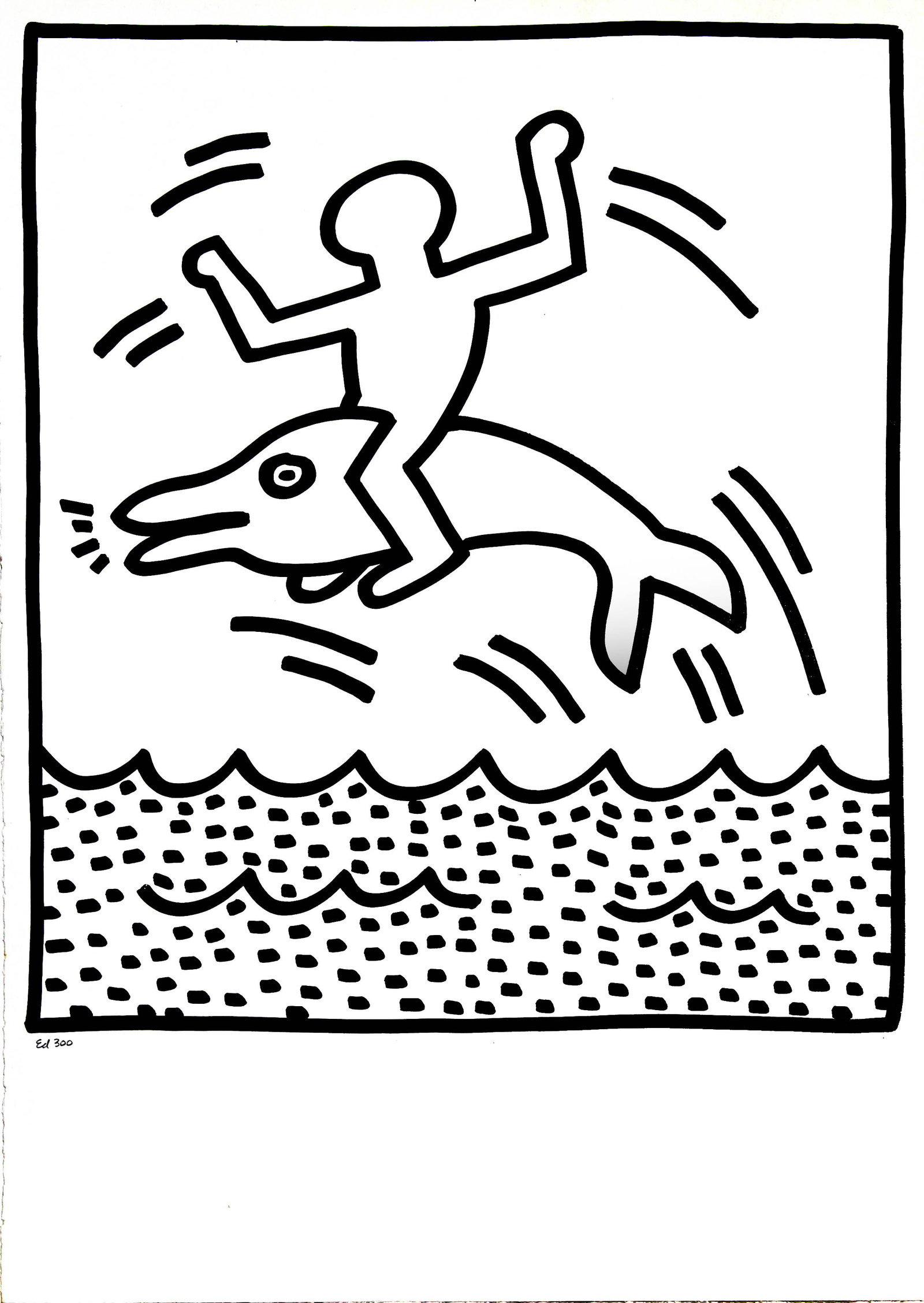Keith Haring - Dolphin Rider (from Lucio Amelio Suite): Artist: Keith Haring Title: Dolphin Rider (from Lucio Amelio Suite) Year: 1983 Dimensions: 18.5in. by 13in. Edition: From the rare limited edition of 300 Publisher: Galerie Lucio Amelio Naples Suite: