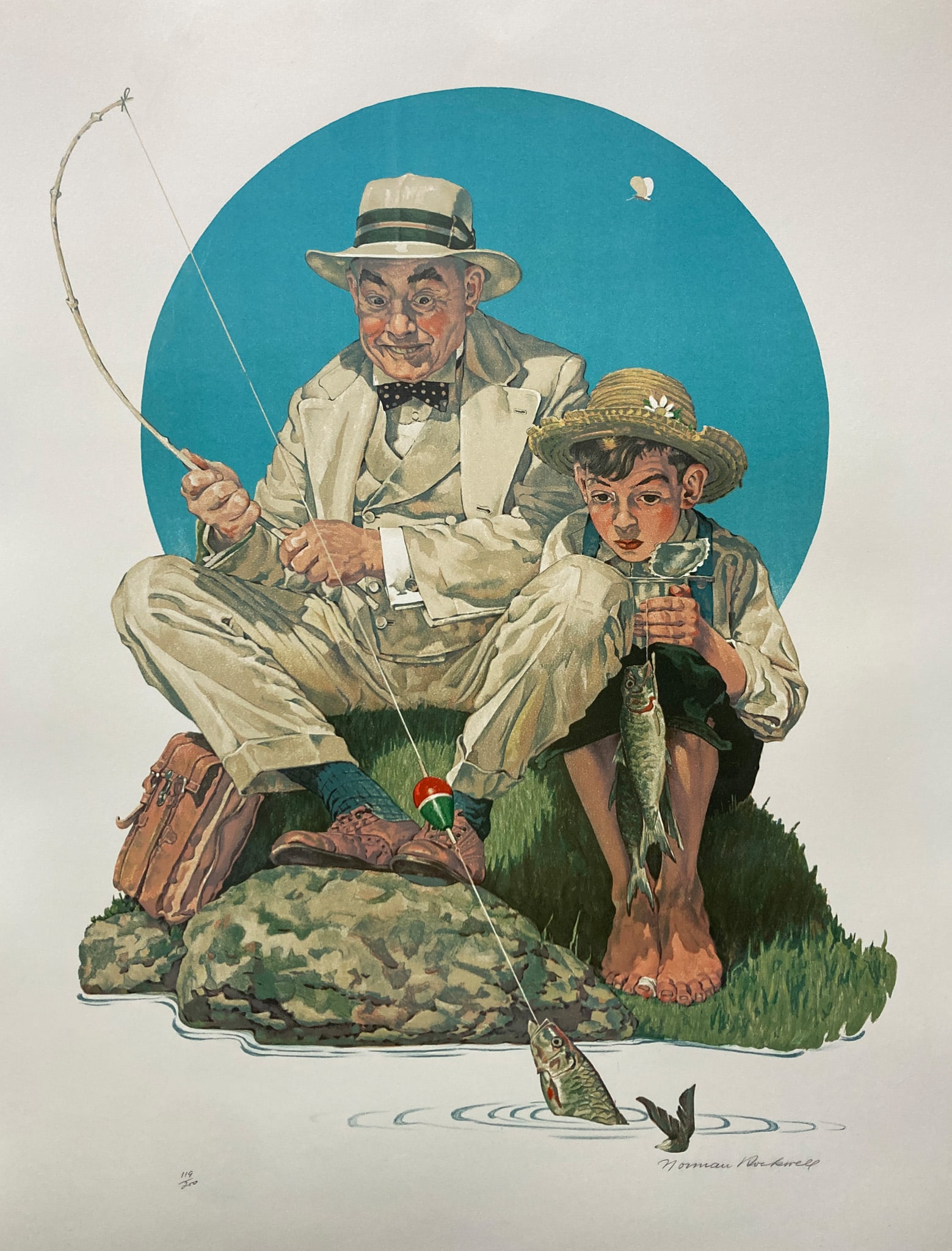 Norman Rockwell - Gone Fishing (Catching a Big One): Artist: Norman Rockwell Title: Gone Fishing (Catching a Big One) Dimensions: 26 1/2 x 34 1/2 in. Edition: From the rare limited artist proof edition of 200 Medium: Original lithograph on paper