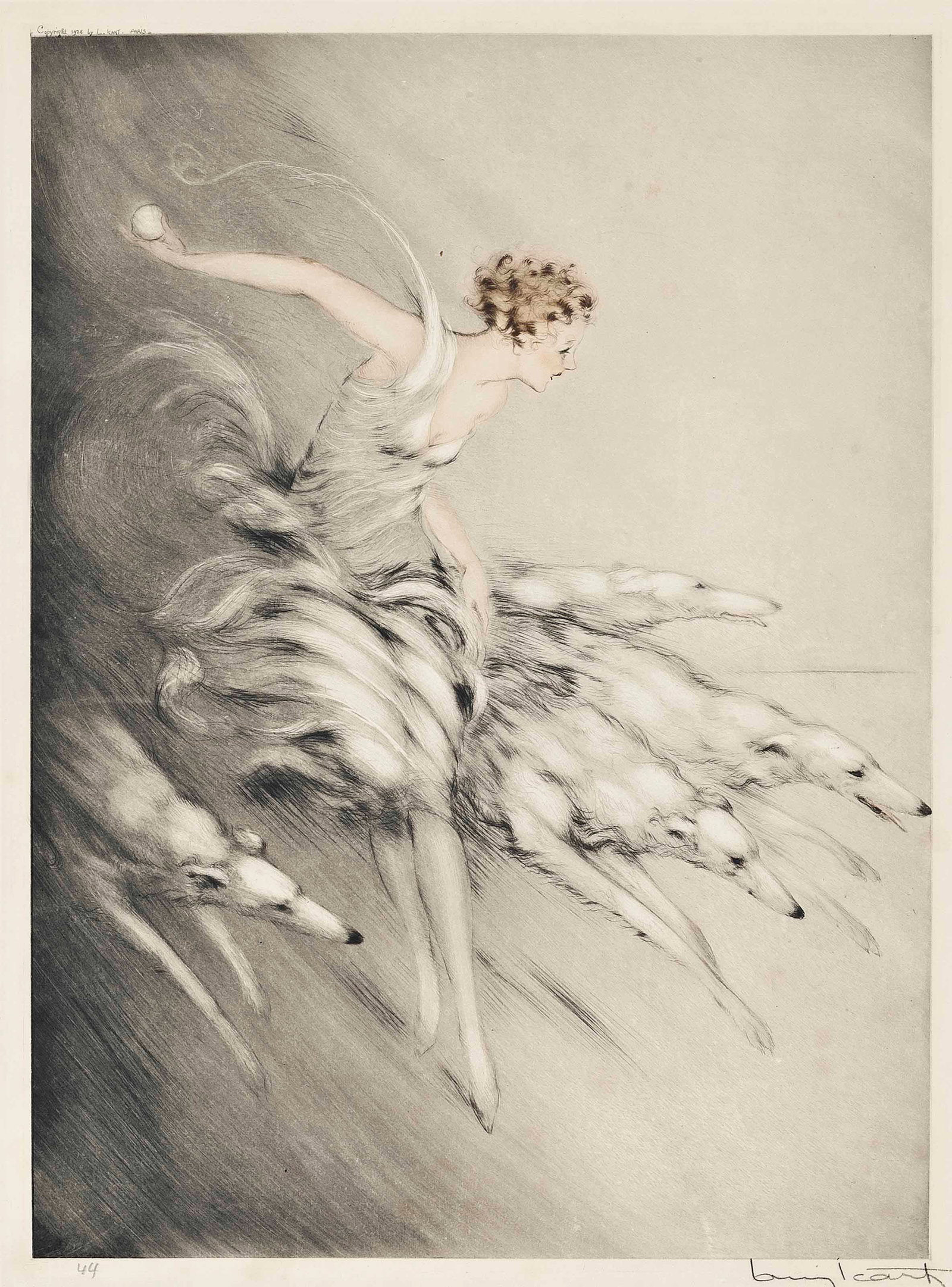 Louis Icart - Zest: Artist: Louis Icart Title: Zest Year: 1928 Dimensions: 28 1/4in. by 22 3/8in. Edition: From the rare limited edition Medium: Original drypoint etching with hand coloring on paper Condition: Excellent