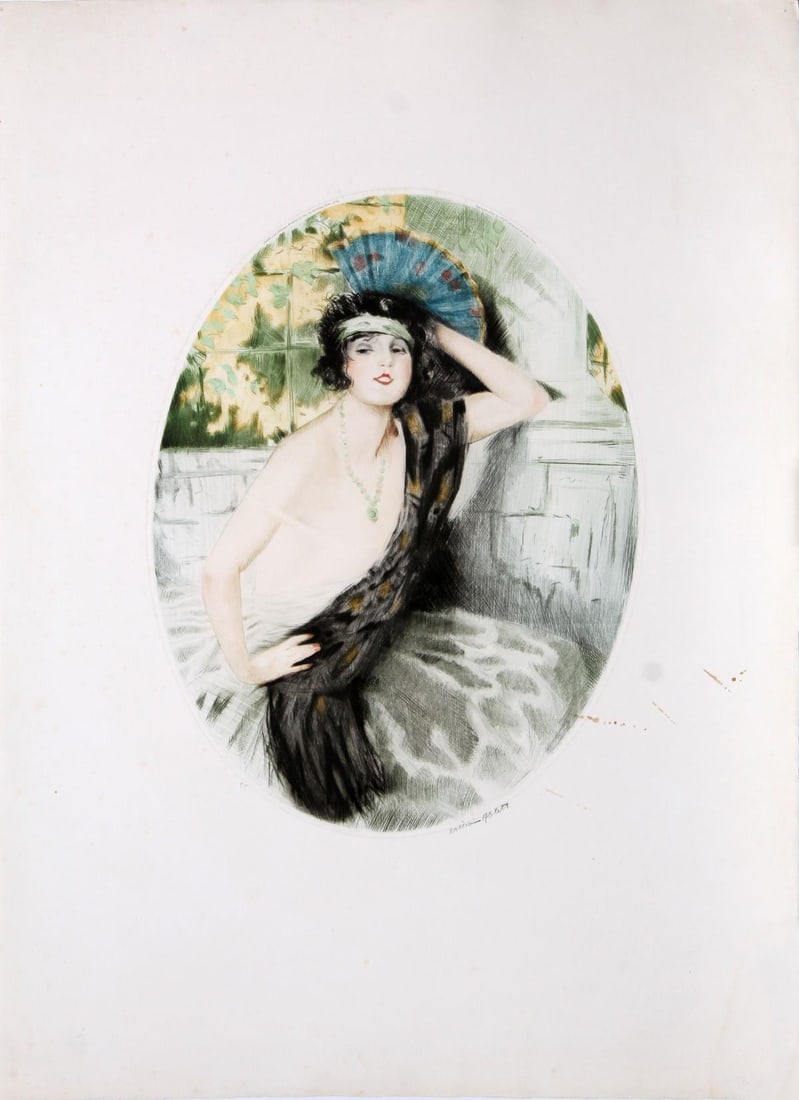 William Ablett - Untitled ( Woman with Scarf and Fan): Artist: William Ablett Title: Untitled ( Woman with Scarf and Fan) Year: 1924 Dimensions: 29 3/4in. by 22 1/4in. Edition: Form the rare limited edition Medium: Original etching with aquatint and hand