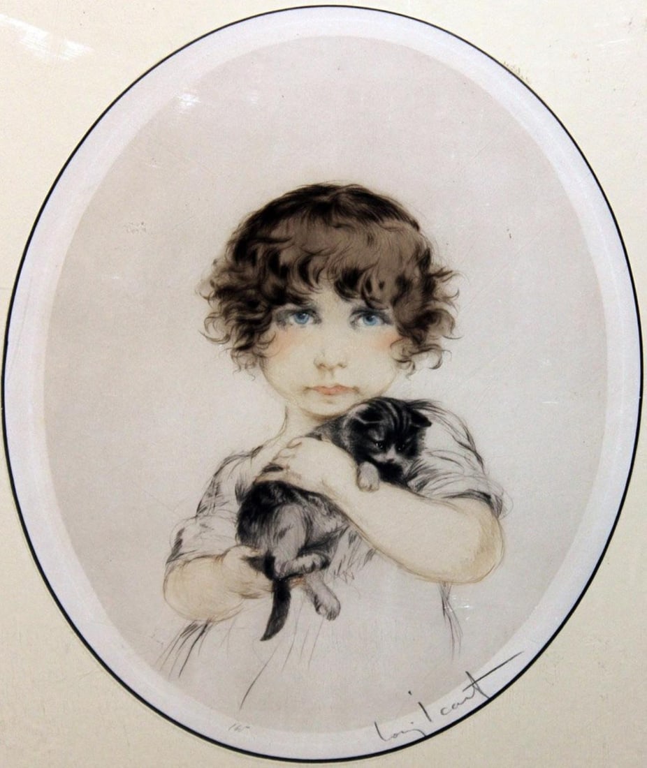 Louis Icart - Minouche: Artist: Louis Icart Title: Minouche Year: 1923 Dimensions: 14in. by 10.25in. Edition: From the limited edition Medium: Original etching with aquatint and hand colored watercolors on paper Condition:
