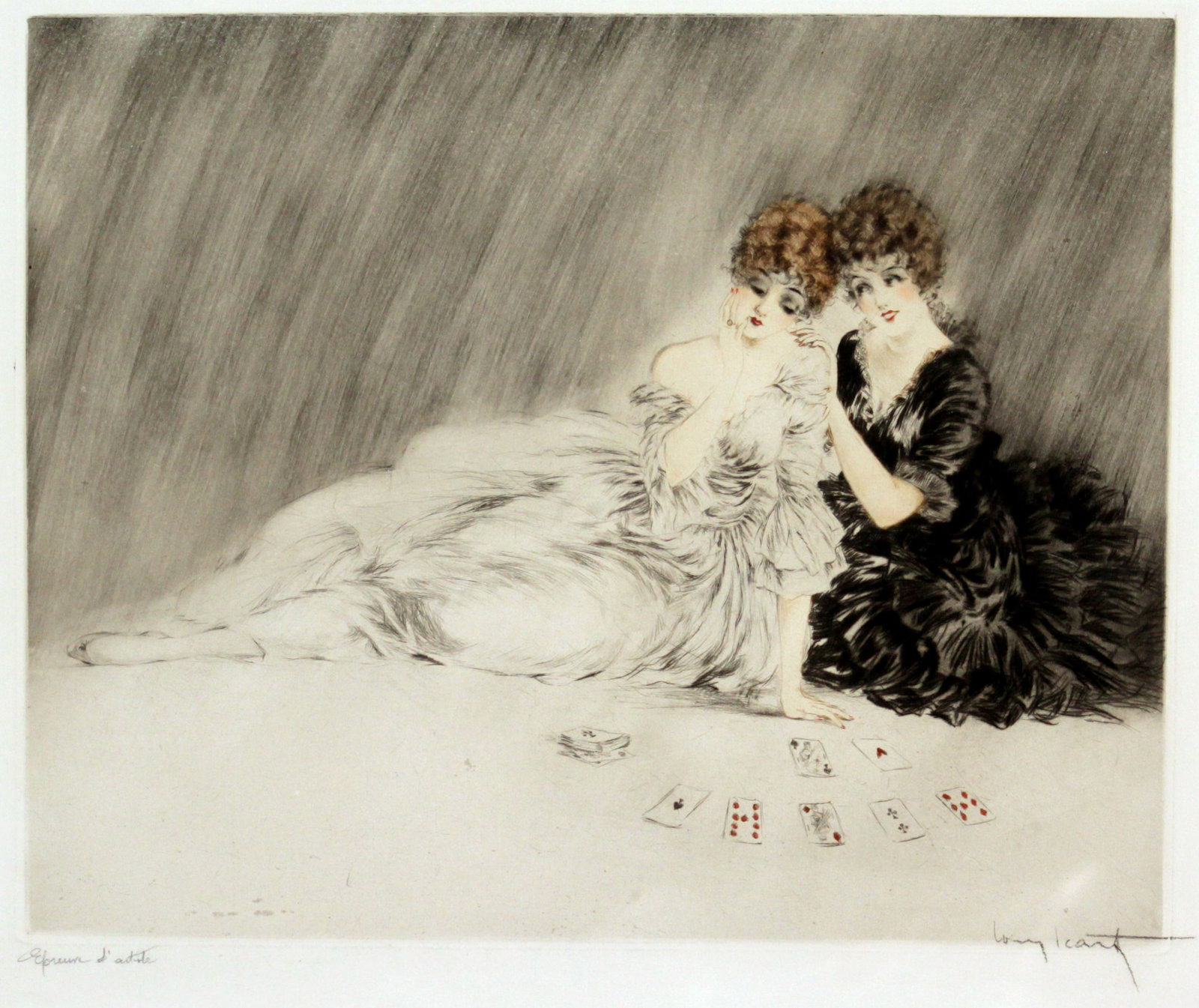 Louis Icart - Success: Artist: Louis Icart Title: Success Year: 1923 Dimensions: 15 3/8in. by 19 1/8in. Edition: From the rare limited edition Medium: Original drypoint etching with hand watercoloring on paper Condition: