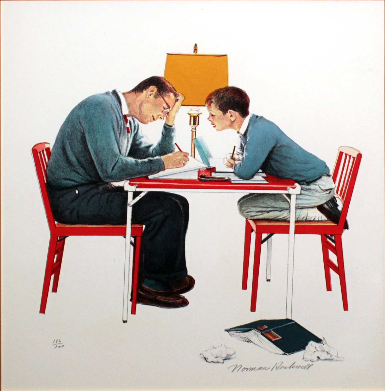 Norman Rockwell - Studying: Artist: Norman Rockwell Title: Studying Dimensions: 26in. by 20in. Edition: From the rare limited edition of 200 Suite: School Days Medium: Original lithograph on paper Condition: Excellent Signature
