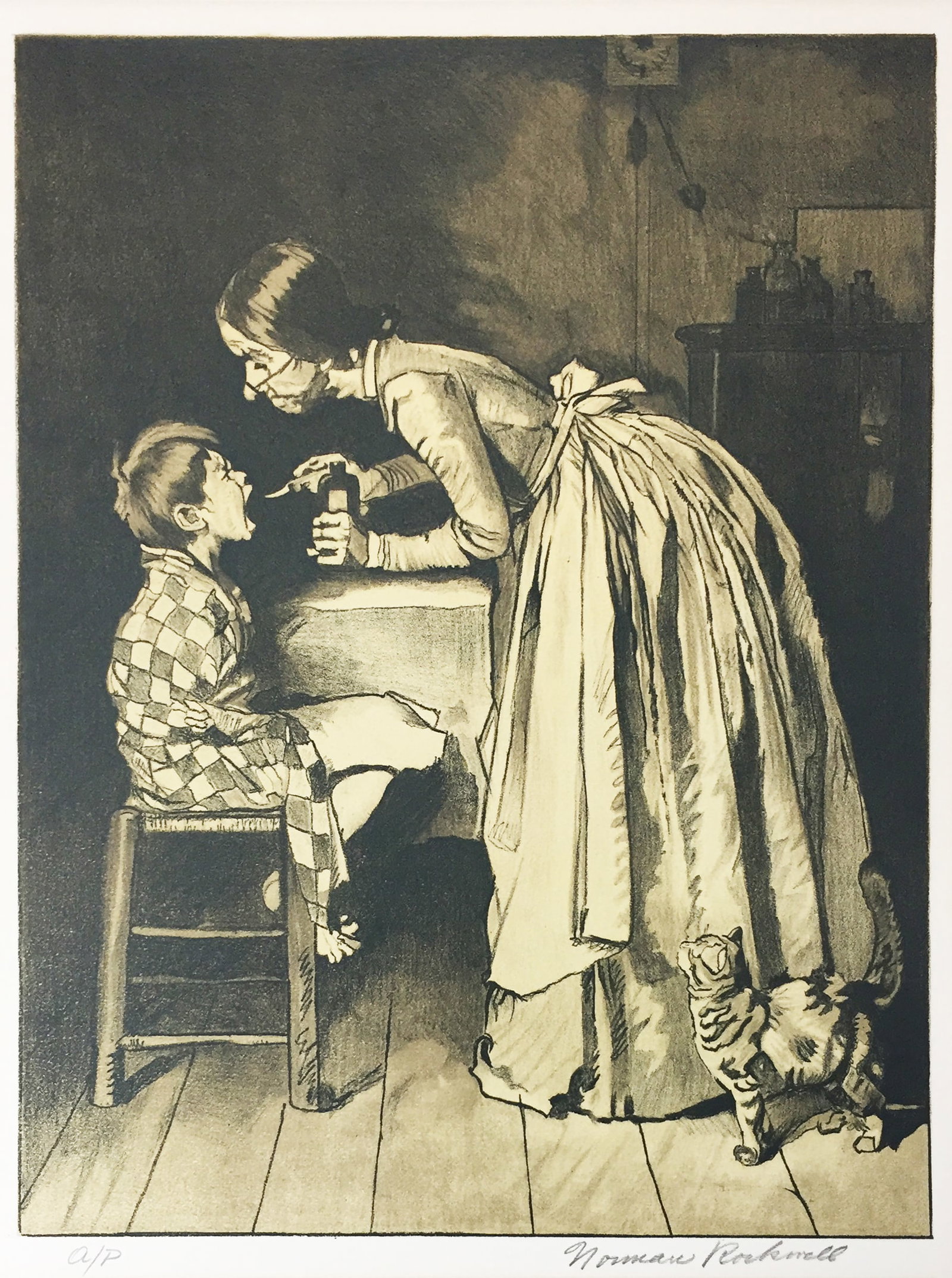 Norman Rockwell - The Medicine: Artist: Norman Rockwell Title: The Medicine Year: 1970 Dimensions: 25.5in. by 20in. Edition: From the rare limited artist proof edition Publisher: Mourlot Paris