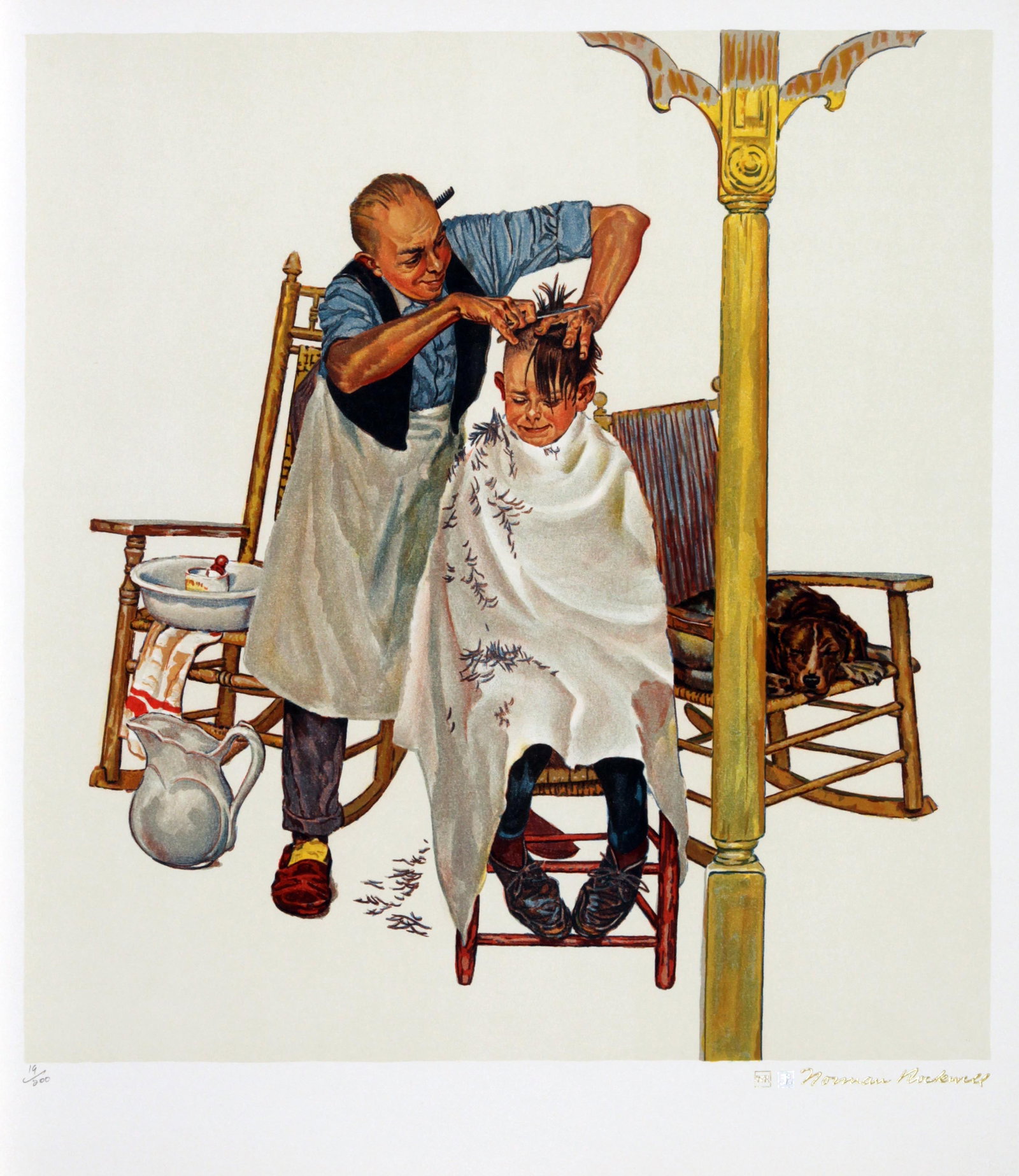 Norman Rockwell - Shear Agony: Artist: Norman Rockwell Title: Shear Agony Dimensions: 24in. by 19in. Edition: from the limited edition of 200 Medium: Original lithograph on paper Condition: Excellent Signature Details: Gold stamp