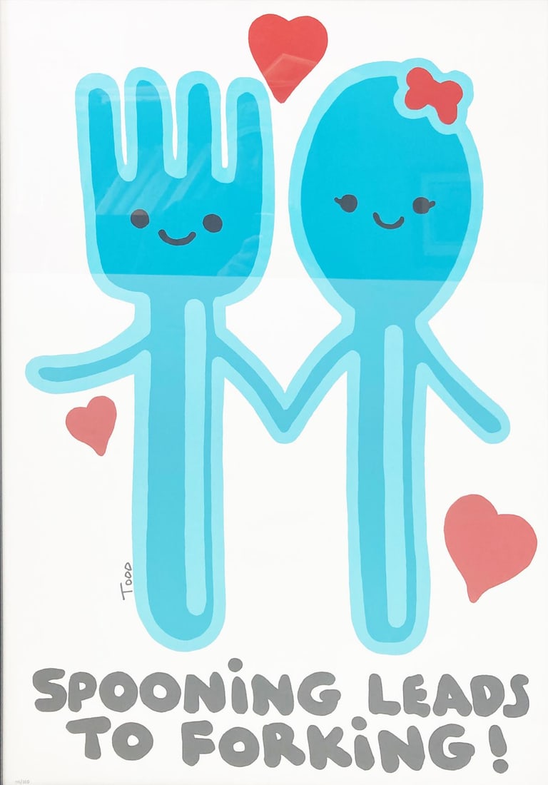 Todd Goldman - Spooning Leads To Forking: Artist: Todd Goldman Title: Spooning Leads To Forking Dimensions: 40in. by 29.5in. Edition: From the rare limited edition of 350 Medium: Lithograph Condition: E