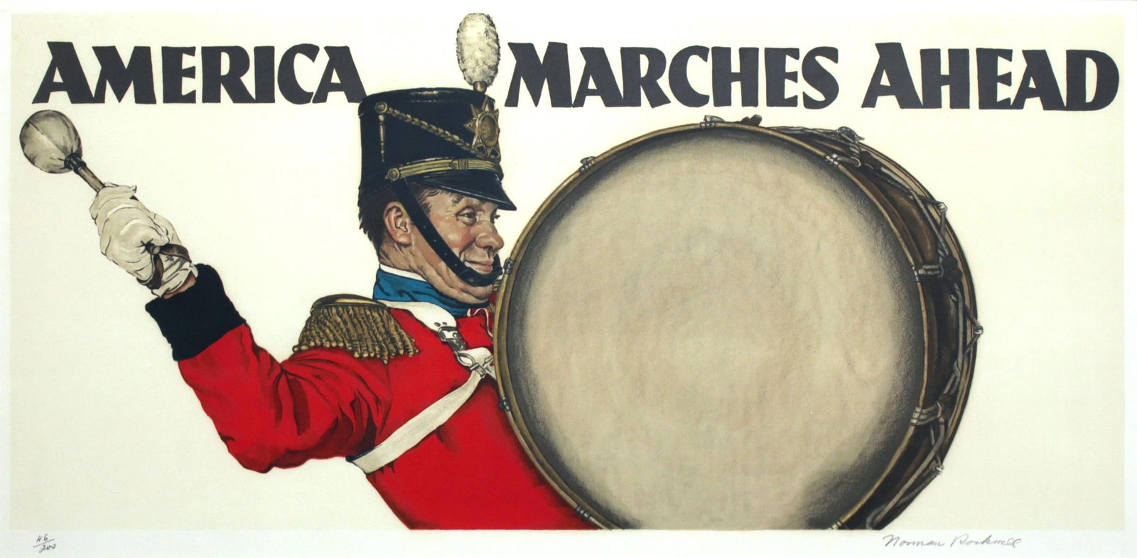 Norman Rockwell - America Marches Ahead: Artist: Norman Rockwell Title: America Marches Ahead Year: 1975 Dimensions: 36in. by 20in. Edition: 46 from the limited edition of 200 Medium: Original lithogra