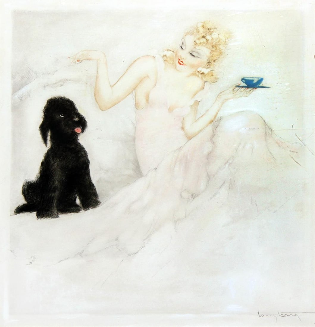 Louis Icart - Morning Cup (Poodle): Artist: Louis Icart Title: Morning Cup Year: 1940 Dimensions: 19.5in. by 17.5in. Edition: From the rare limited edition Medium: Original drypoint etching on pa