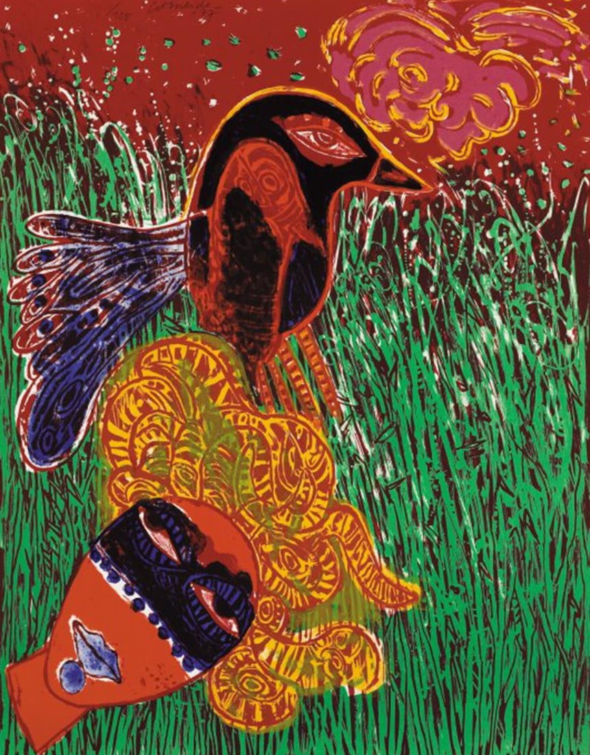 Corneille - La femme masquee comme pour une fete, fete: Artist: Corneille Title:La femme masquee comme pour une fete, fete de l'herbe, fete de l'oiseau Year: 1977 Dimensions: 25 11/16in. by 19 3/4in. Edition: From the limited edition of 125 Suite: