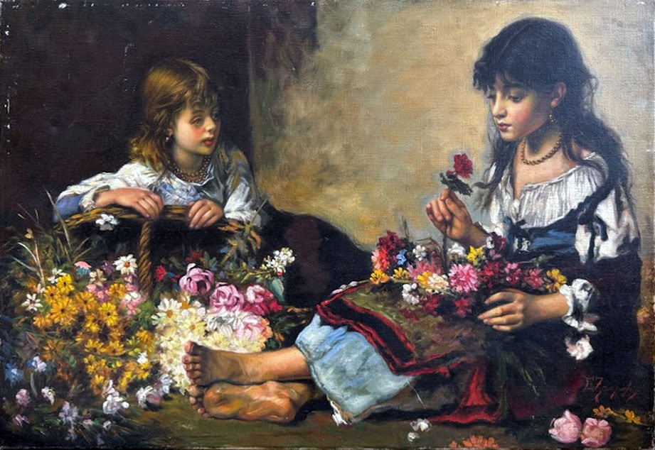 Unknown Artist - Posies: Artist: Unknown Artist Title: Posies Dimensions: 28 x 20 in. Edition: One-of-a-Kind Painting Medium: Acrylic Paint on canvas Condition: Excellent Comes with Letter of authenticity and guaranteed in