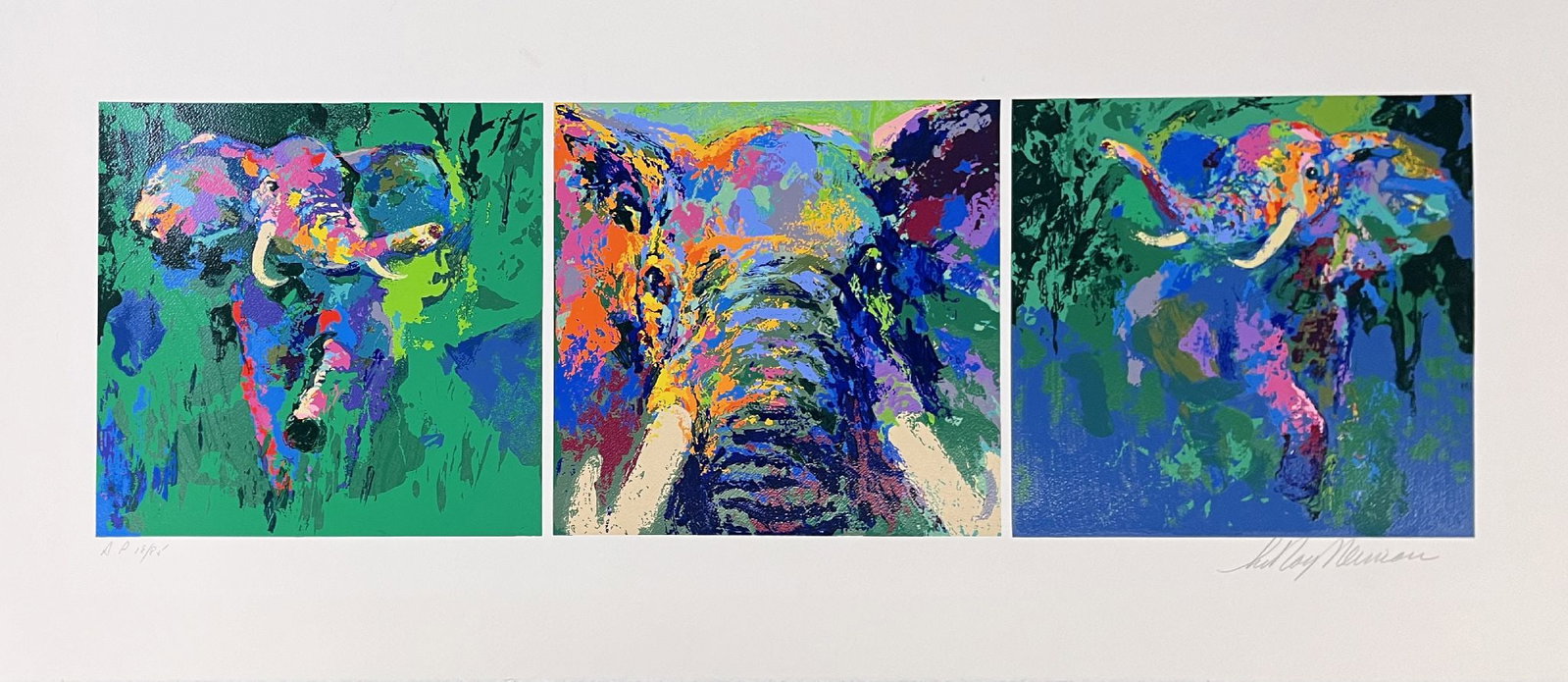 Leroy Neiman - Elephant Tryptic: Artist: Leroy Neiman Title: Elephant Tryptic Year: 1972 Dimensions: 12 3/4 x 13 1/2 in. Edition: From the rare Artist Proof edition of 85. Numbered 18 / 85 Medium: Original serigraph in colors on