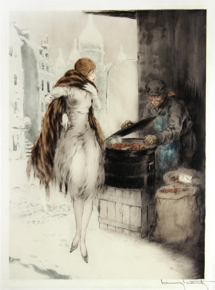 Louis Icart - Chestnut Vendor: Artist: Louis Icart Title: Chestnut Vendor Year: 1928 Dimensions: 19in. by 14in. Edition: From the rare limited edition Medium: Original drypoint etching with hand coloring on paper Condition: