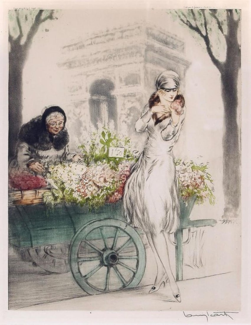 Louis Icart - Flower Seller: Artist: Louis Icart Title: Flower Seller Year: 1928 Dimensions: 22in. by 17in. Edition: From the rare limited edition Medium: Original drypoint etching with hand watercoloring on paper Condition: