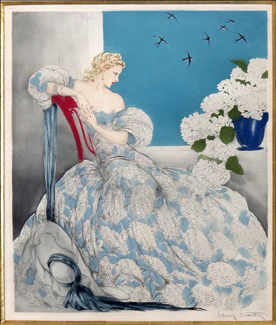 Louis Icart - Symphony in Blue: Artist: Louis Icart Title: Symphony in Blue Year: 1936 Dimensions: 22 5/8in. by 18 7/8in. Edition: From the rare limited edition Medium: Original soft ground etching with hand watercoloring on paper