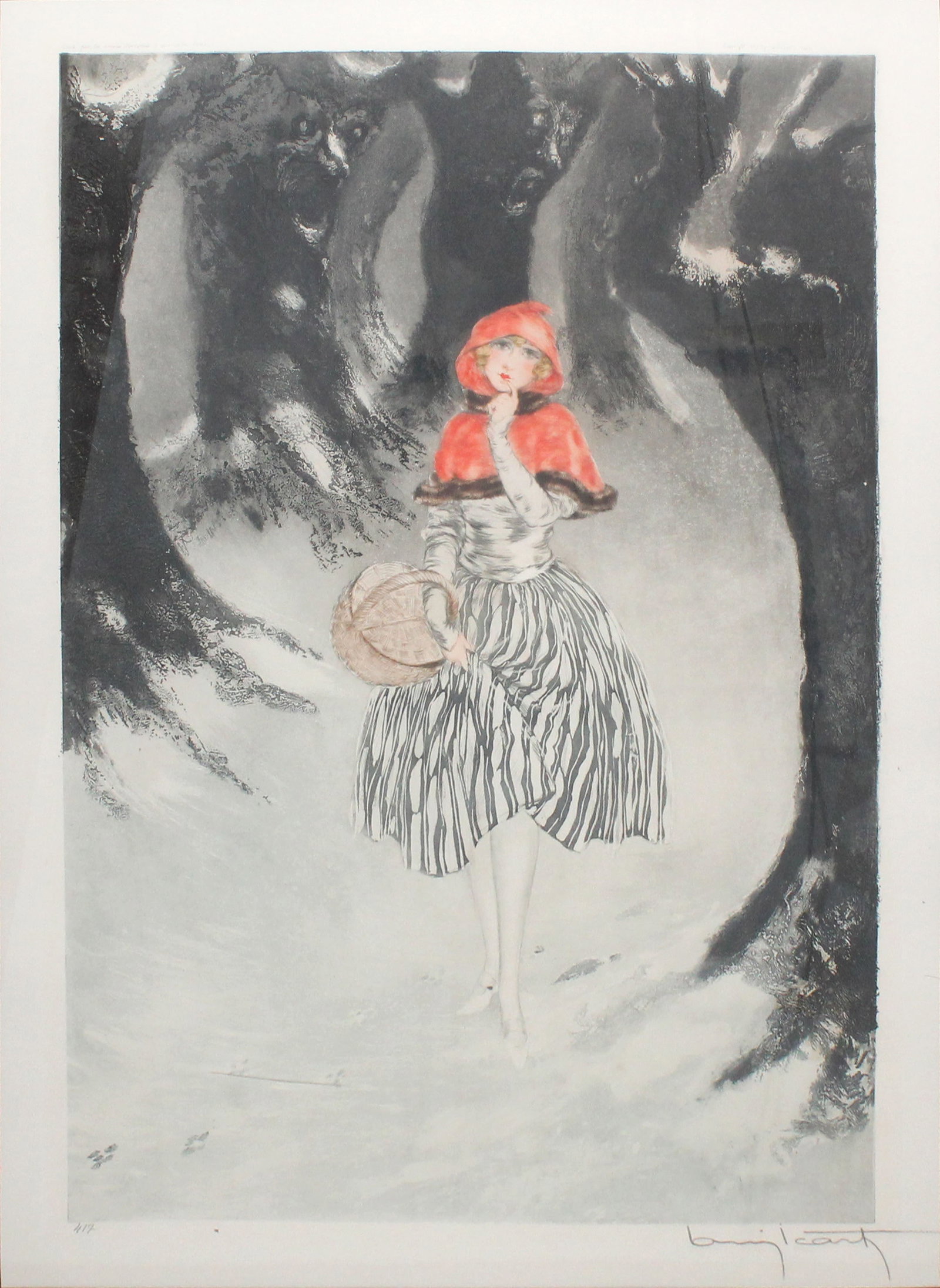Louis Icart - Red Riding Hood: Artist: Louis Icart Title: Red Riding Hood Year: 1927 Dimensions: 20 1/8 x 13 1/4 in. Edition: From the rare limited edition Medium: Original drypoint etching with aquatint and hand water coloring on