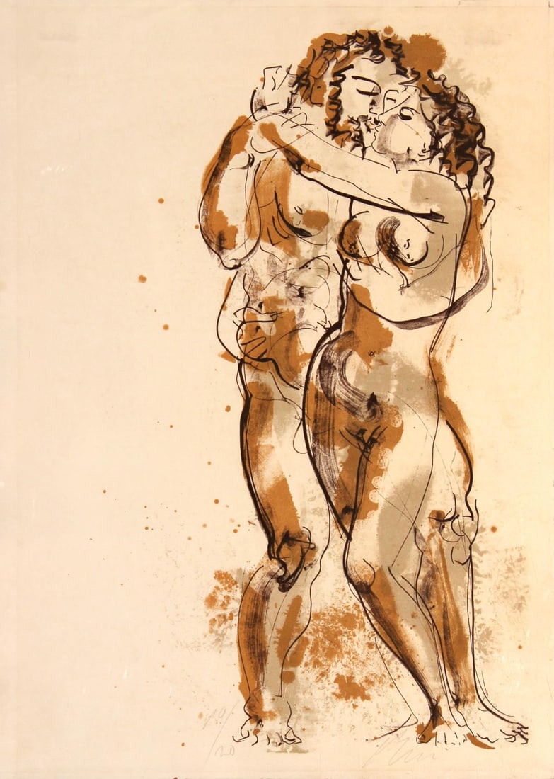 Hans Erni - Lovers: Artist: Hans Erni Title: Lovers Dimensions: 19in. by 8.5in. Edition: From the rare limited edition Medium: Original color lithograph on paper Condition: Excellent Comes with Letter of Authenticity